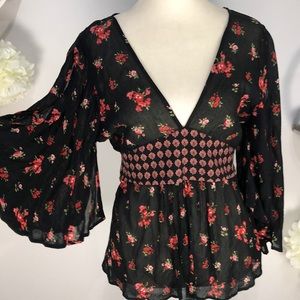 ZARA sheer black red floral design cold shoulder open bell sleeves. NWOT! Sz L
